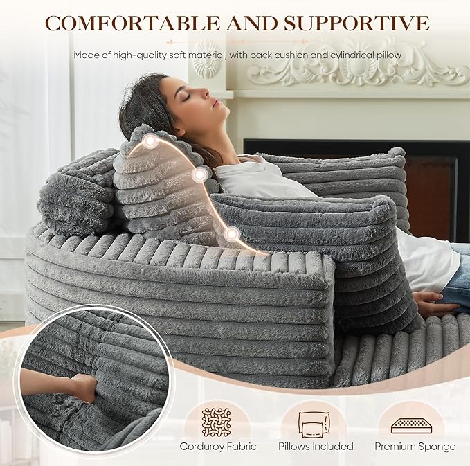 Oversized Round Chaise Longue Chair Indoor, Modern 55-inch Upholstered Corduroy - Image 4