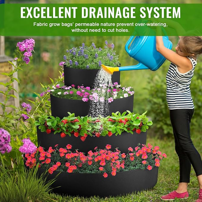 8 Pcs Plant Grow Bags 4 Tiered Strawberry Planter Tower Fabric Raised Garden - Image 4