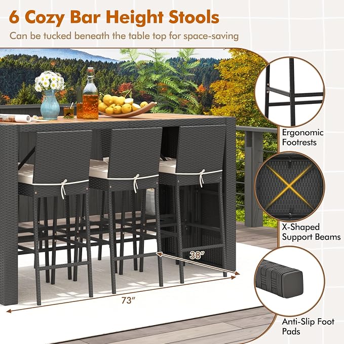 COSTWAY 7 PCS Patio Rattan Wicker Bar Set, Footrest and Cushion, Outdoor Table - Image 6