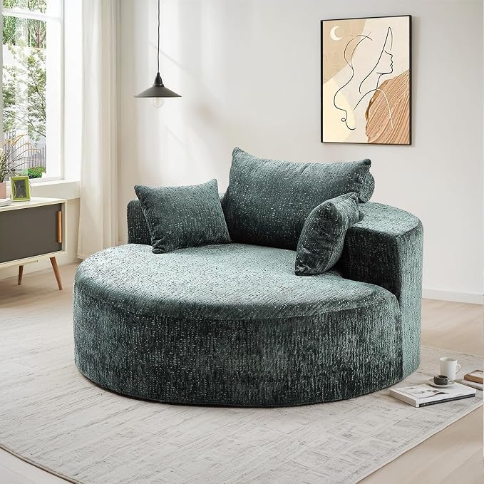 Oversized Round Chaise Longue Chair Indoor, Modern 55-inch Upholstered Chenille - Image 3