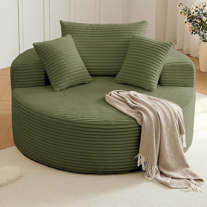 Oversized Round Chair Lounge Chaise Indoor, Upholstered Corduroy Deep Seat by Lakifun