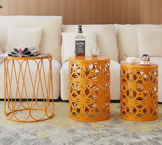HFHOME Set of 3 Metal Outdoor Side Table, Nesting Round Coffee Table - Image 6