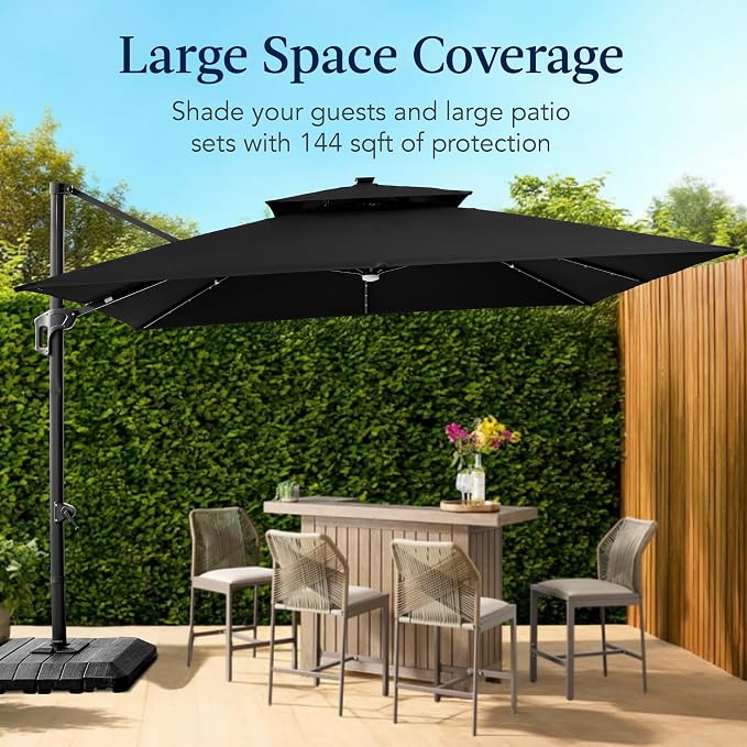 Best Choice Products 12x12ft LED Cantilever Patio Umbrella w/Base Included & - Image 4