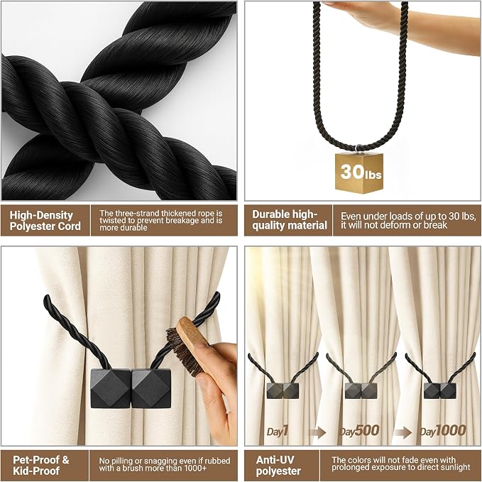 Hion Magnetic Curtain Tiebacks Black 2pcs, Curtain Tiebacks Buckles Holdbacks - Image 3