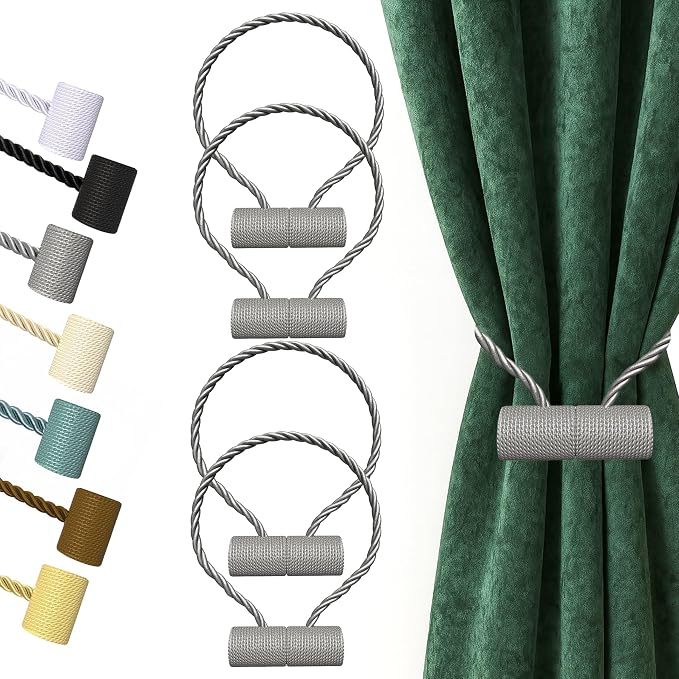 Hion Magnetic Curtain Tiebacks Grey 4 Pack, Curtain Tiebacks Buckles Holdbacks by Hion