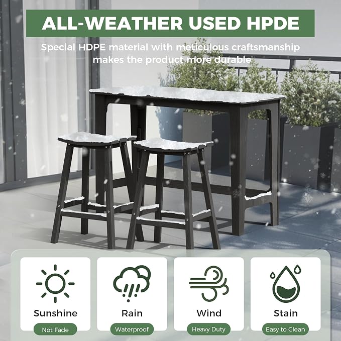 Outdoor Patio Bar Height Table and Tall Stools Set of 2, All-Weather HDPE High - Image 3