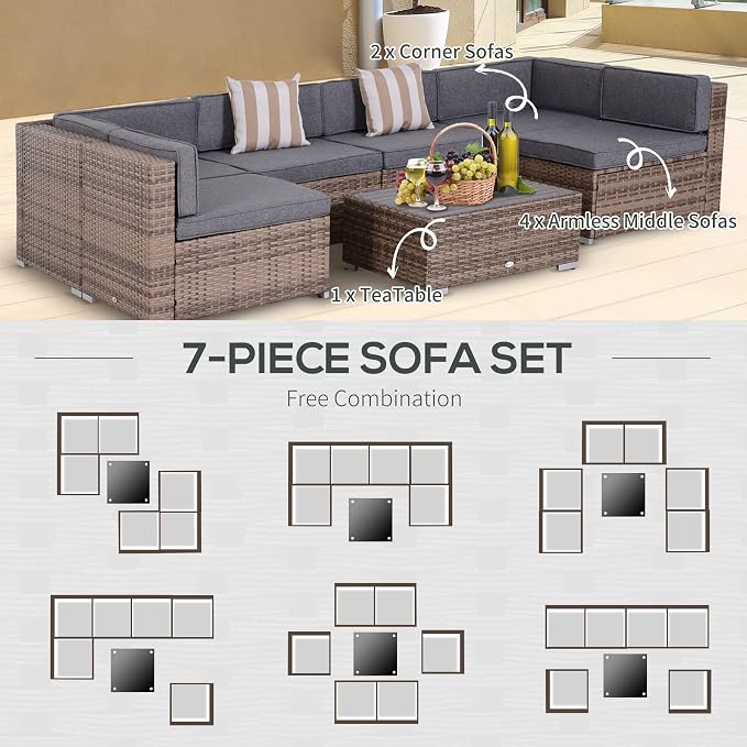Outsunny 7 Piece Patio Furniture Set, Wicker Outdoor Sectional Sofa Set - Image 5