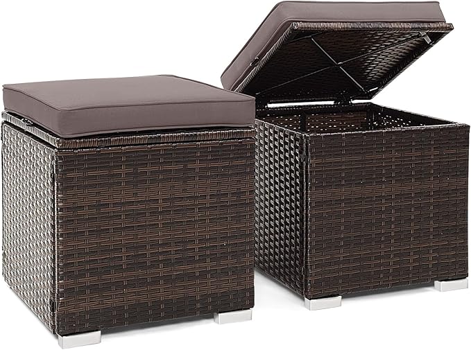 Tangkula 2 Pieces Patio Ottomans, Patiojoy Hand-Woven PE Rattan Side Table by TANGKULA