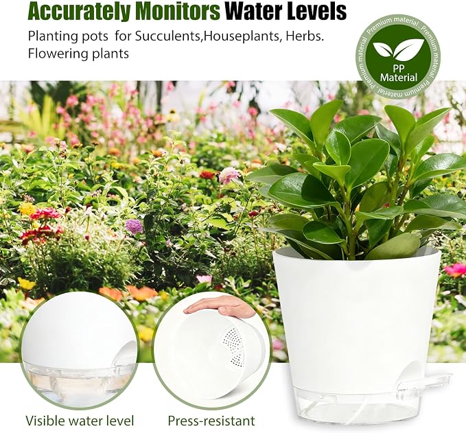 Plant Pots 4 Inch Self Watering Pots, 6 Pack Plastic Planters - Image 7