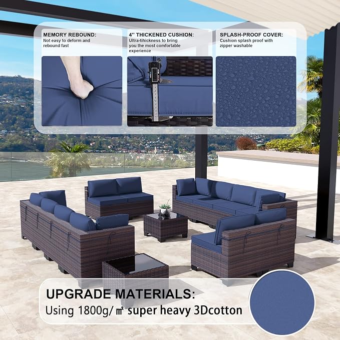 Kullavik 14 Pieces Outdoor Patio Furniture Set, Sectional Rattan Sofa Set Brown - Image 2