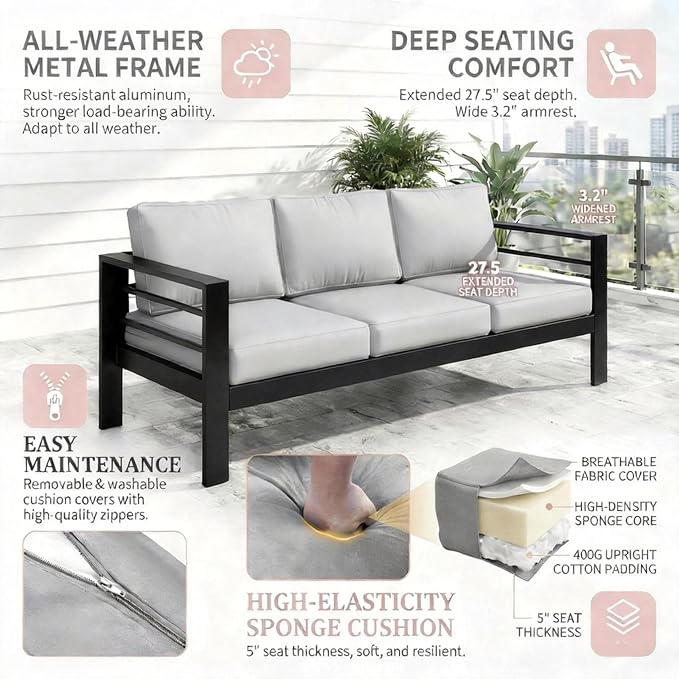 Kiss the Water Outdoor Couch Aluminum Patio Furniture Sofa, 3 Seat All-Weather - Image 8