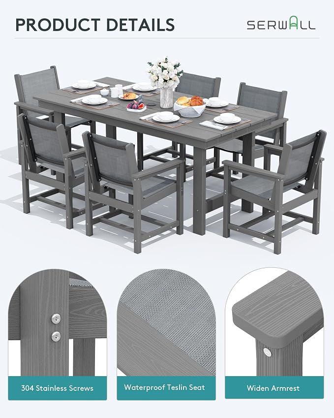SERWALL Patio Dining Sets for 6, Outdoor HDPE Dining Set - Image 5