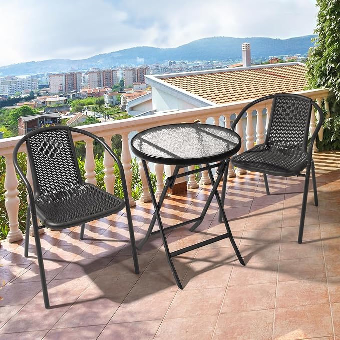 VINGLI PE Rattan Outdoor Dining Chairs Set of 2, Plastic Stackable Patio Chairs - Image 2