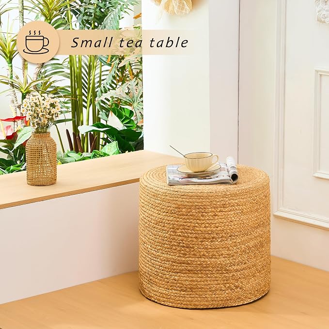 Handwoven Ottoman Pouf, Natural Water Hyacinth Footstool, Round Braided Outdoor - Image 4