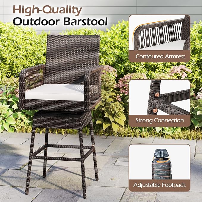 ORALNER Outdoor Wicker Swivel Bar Stools Set, Footrest & Seat Cushion, Metal - Image 7