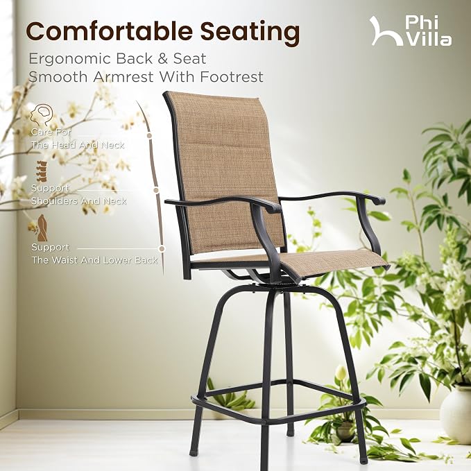 PHI VILLA Outdoor Bar Set with 4 Swivel Bar Height Patio Chairs, Wooden-Like - Image 6