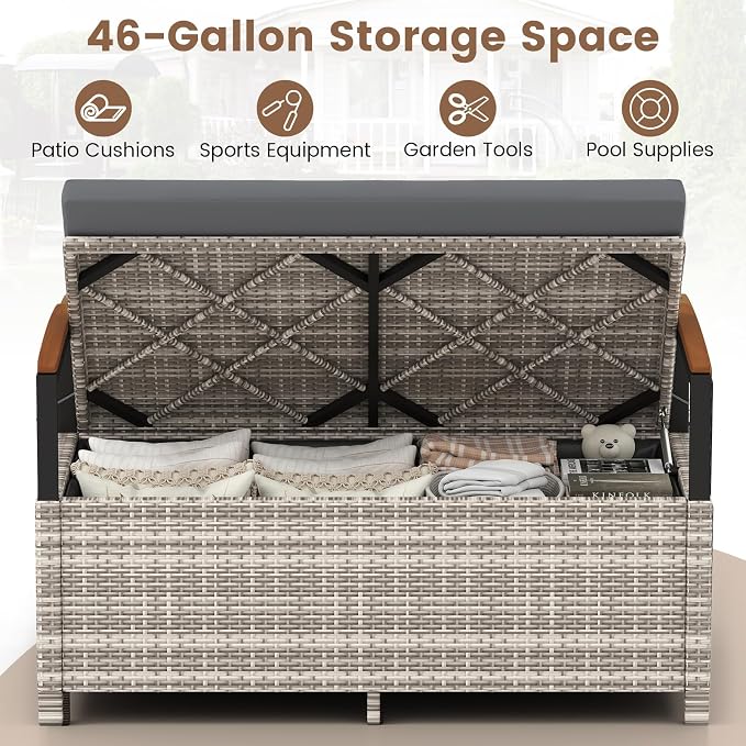 RELAX4LIFE Wicker Outdoor Storage Bench, Rattan Deck Box w/Protective Liner - Image 3