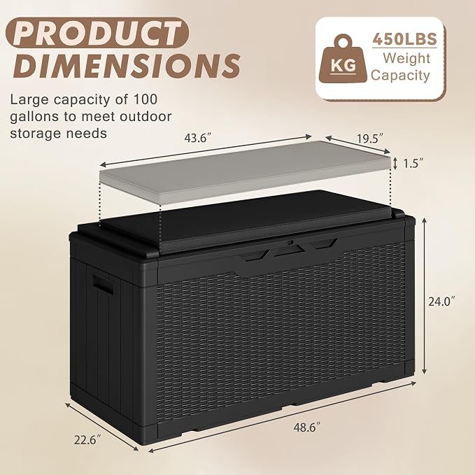 Devoko 100 Gallon Deck Box, Waterproof Outdoor Storage Box - Image 5