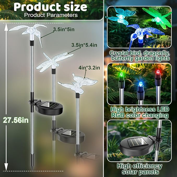 Anordsem Solar Garden Lights Outdoor: 3 Waterproof PVC Insect Stake Light Heads - Image 3