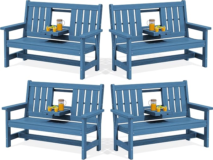 SERWALL Outdoor Bench with Cup Holder, All Weather Patio Benches with High by SERWALL