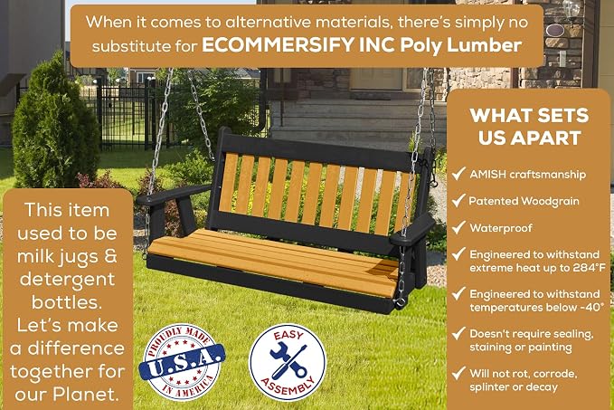 Mission Poly Lumber Wood 5FT Porch Swing Amish Craftsmandship Made in USA HDPE - Image 3