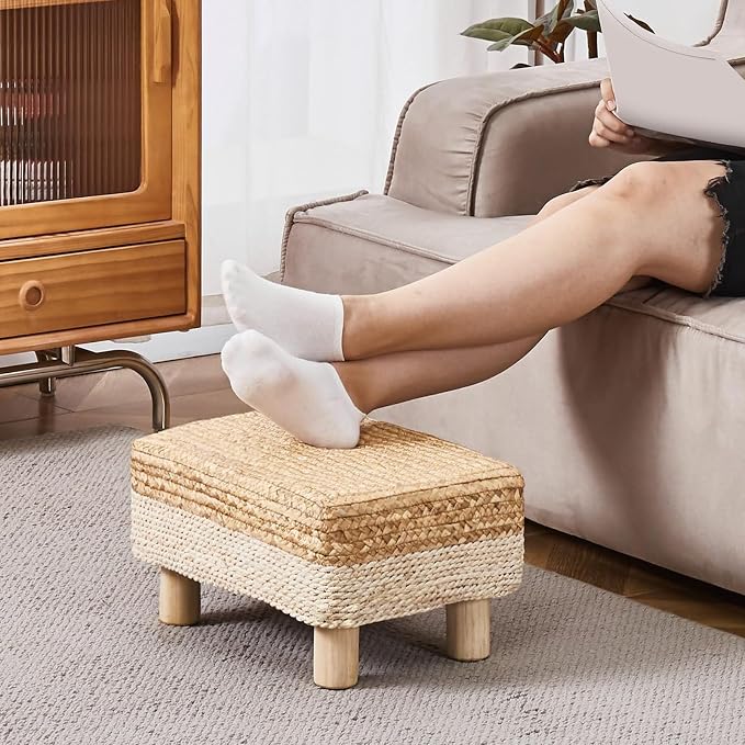 Wimarsbon Natural Seagrass Footstool Ottoman Rectangular Footrest Pouf Ottomans - Image 2
