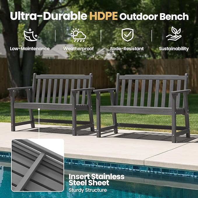 Ciokea 48" Outdoor Bench Set of 2, HDPE Weatherproof Garden Bench, 2-Person - Image 3