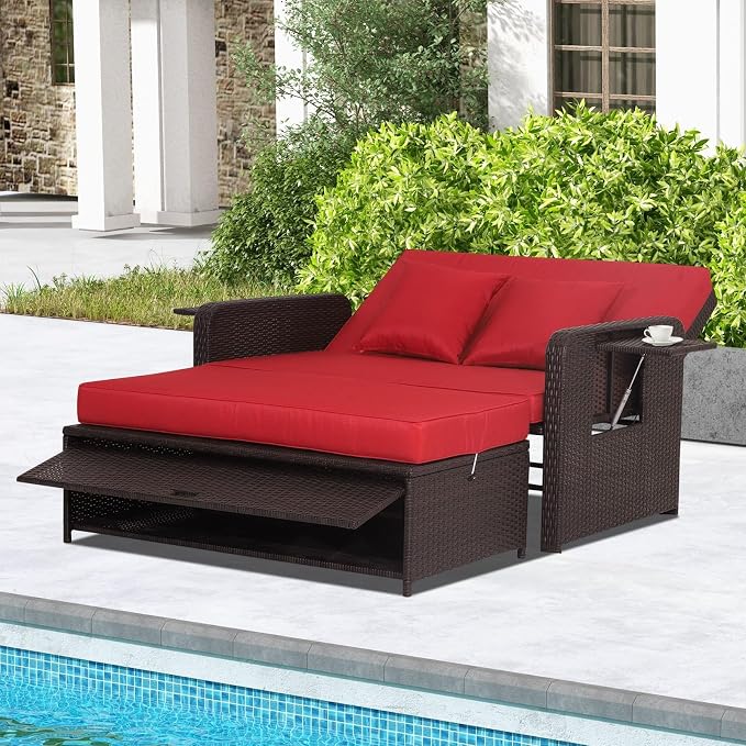 Nightcore Wicker Patio Outdoor Daybed, Outdoor Chaise Lounger w/ 4-Level by Goplus