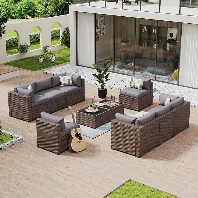 Aoxun 10 Piece Patio Furniture Set Wicker Rattan Patio Conversation Set Outdoor - Image 9