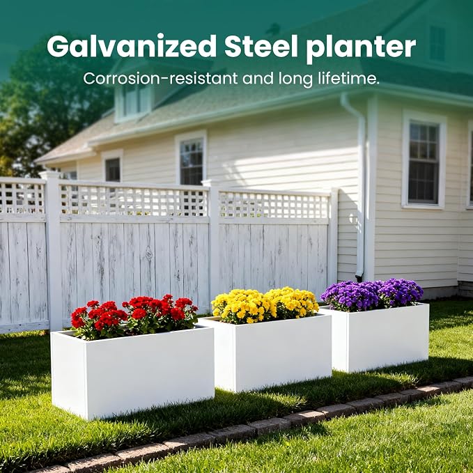 White Steel Planter Rectangular Outdoor Indoor Planter Box Galvanized Steel - Image 9