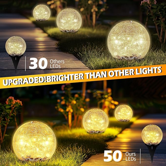 Coroor Garden Solar Ball Lights Outdoor Waterproof, 50 LED Cracked Glass Globe - Image 2