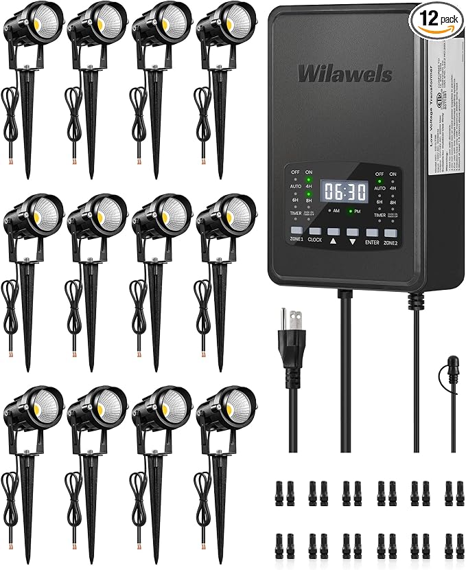 12 Pack Landscape Lights with 2 Zone 300W Low Voltage Transformer, 3000K 12V by Wilawels