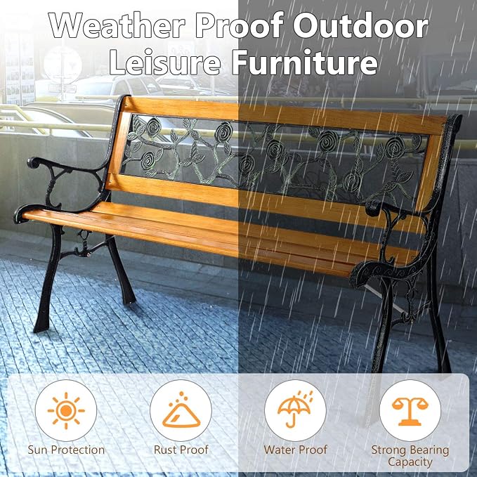 Giantex 50'' Patio Park Garden Bench, Outdoor Furniture Rose Cast Iron Hardwood - Image 4
