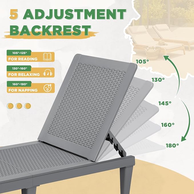 Greesum Outdoor Chaise Lounge Chair Set of 2, Waterproof 5-Position Adjustable - Image 6