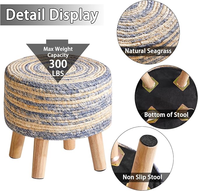 YMYNY Foot Stool Natural Seagrass Hand Weave, 12.6" Small Ottoman, Round - Image 7