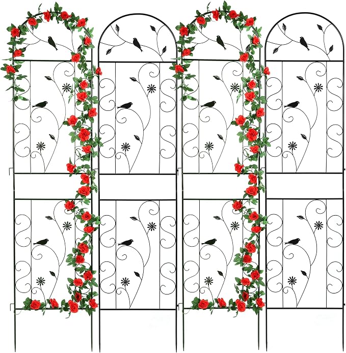Metal Garden Trellis for Climbing Plants, 4 Pack 86.5" x 19.7" Black Plant by FHWTY