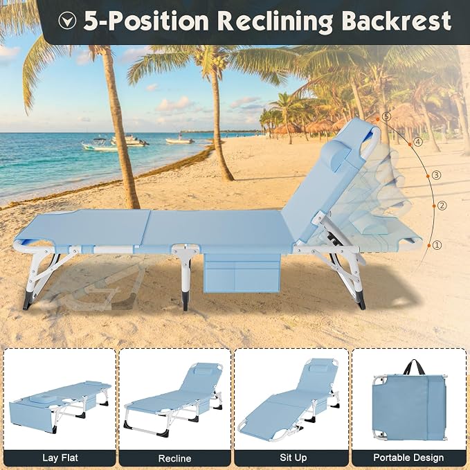 MOPHOTO Oversized Beach Lounge Chair, 5-Position Adjustable Tanning Chair - Image 6