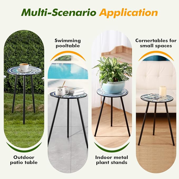 2 Packs Metal Mosaic Round Side Tables 13.4" Small Outdoor Patio Round Accent - Image 6