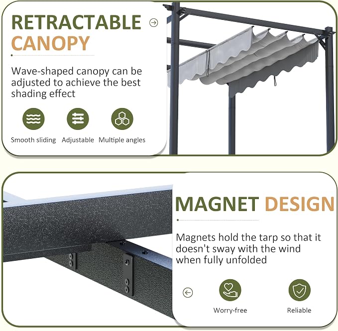 10'x12' Outdoor Pergola with Retractable Canopy, Patio Metal Heavy-Duty Gazebo - Image 3