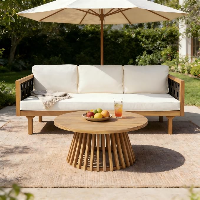 Merax Outdoor 3 Seater Daybed, Acacia Wood Patio Day Bed Couch Sofa - Image 4