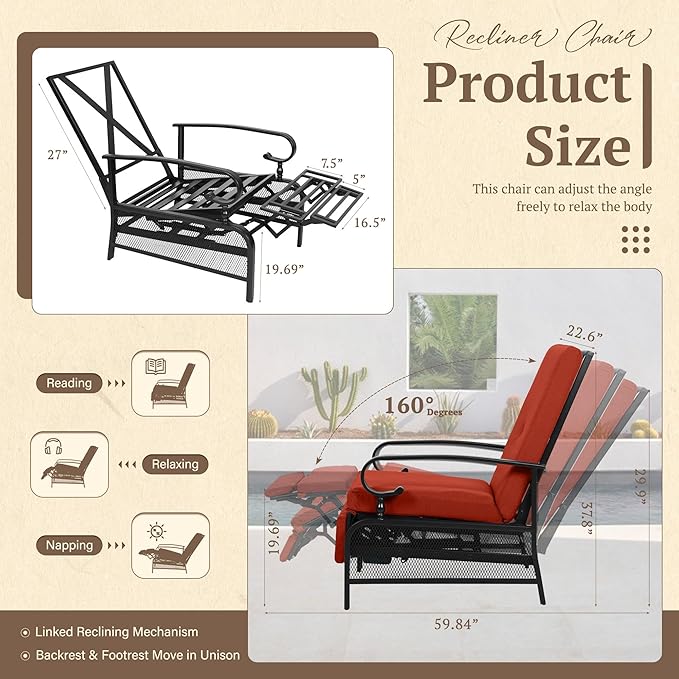 Oakcloud Adjustable Outdoor Lounge Chair Metal Patio Relaxing Recliner Chair Set - Image 3