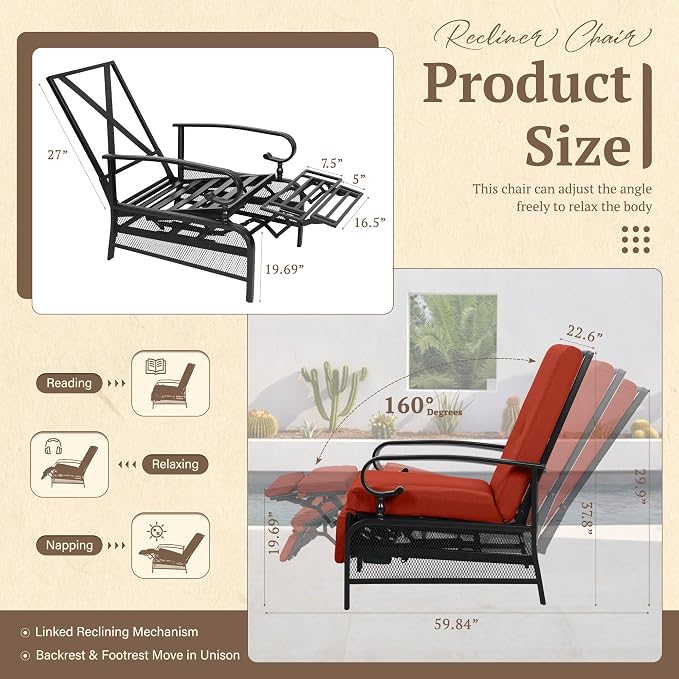 Oakcloud Adjustable Outdoor Lounge Chair Metal Patio Relaxing Recliner Chair - Image 3
