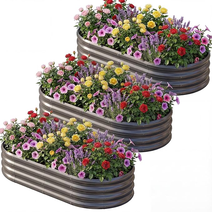 AHEONLAR 3 Pack 6×3×1ft Galvanized Raised Garden Beds, Oval Durable Planter by AHEONLAR