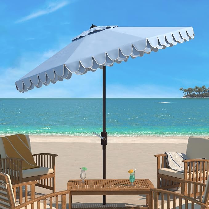 SAFAVIEH 9ft Outdoor Patio Umbrella, Baby Blue & White Trim, Auto Crank Tilt - Image 6