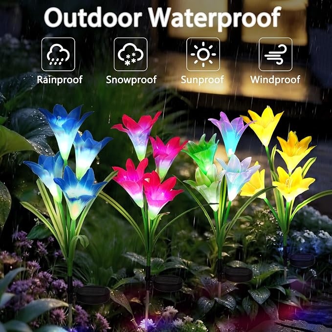 echosari 4 Pack Color Changing Solar Lights Outdoor Waterproof, Solar Lily - Image 3