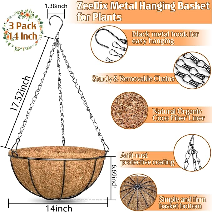 ZeeDix 3 Pack 14 Inch Hanging Baskets - Image 2