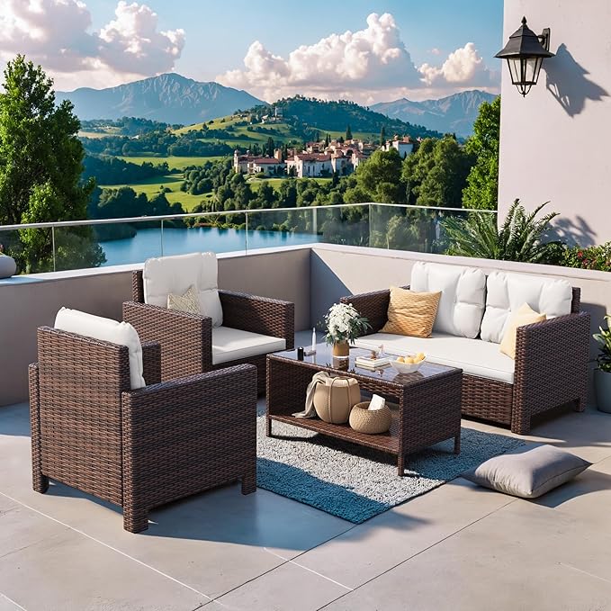 Homall 4 Pieces Patio Furniture Sets Rattan Chair Wicker Conversation Sofa Set by Homall