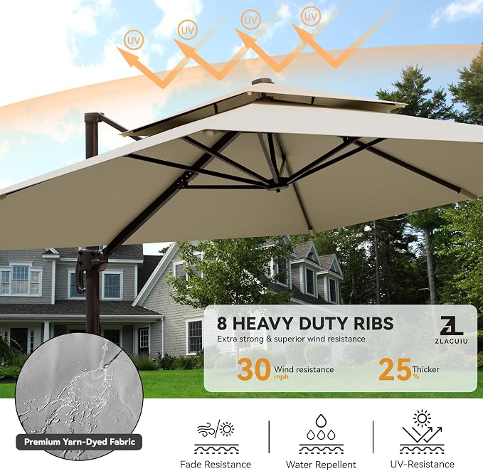 9x12FT Beige Cantilever Outdoor Patio Umbrella - Image 4