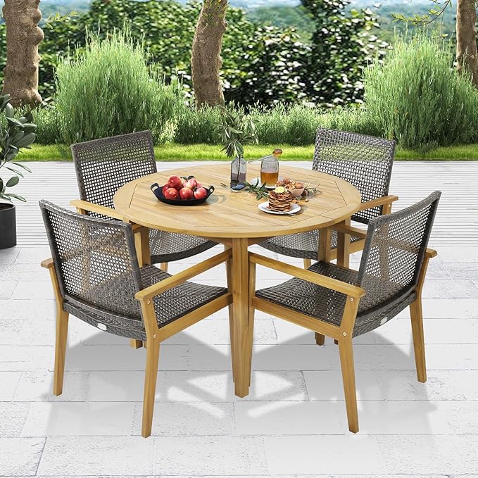 Tangkula 5 Pieces Patio Dining Set, 4 Patio Wicker Armchairs and Round Acacia - Image 3