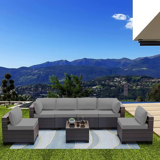 Kullavik 7 Pieces Outdoor Patio Furniture Set, Sectional Rattan Sofa Set Brown - Image 8
